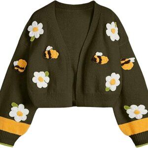 Floral Embroidered Cardigan in Olive Green